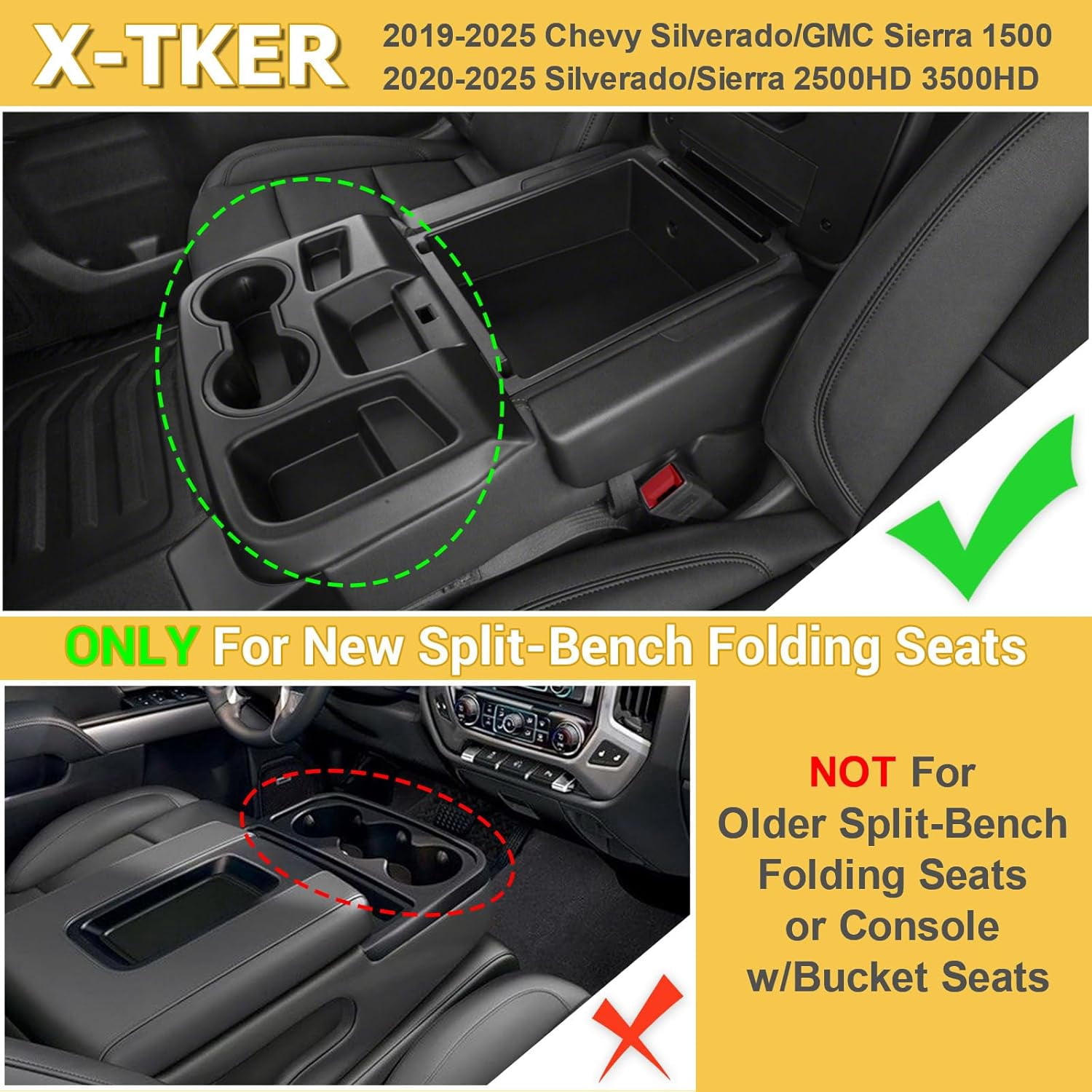 2PCS Center Console Organizer Compatible with 2019-2025 Chevy Silverado/GMC Sierra 1500 & 2020-2025 Silverado/Sierra 2500HD 3500HD Truck Accessories (Split-Bench Folding Seat) Dual-Layer Storage Tray
