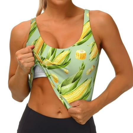 Qokaie Fresh Sweet Corn Pattern Womens Scoop Neck Sports Bra Breathable Workout Vest Padded U Back Medium Impact Fitness Gym Yoga Bra Workout Crop Top