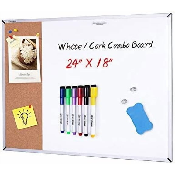 White Board & Cork Bulletin Board, 24" X 18", Combination Dry Erase Board & Cork Board, Vision Board for Home, Office, School - Includes 6 Magnetic Markers, 1 Eraser, 2 Strong Magnets and 10 Pins.…
