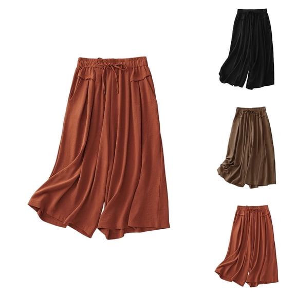 Capri Pants for Women Casual Wide Leg Cotton Linen Loose High Waisted Flowy Cropped Plazzo Pants with Pockets
