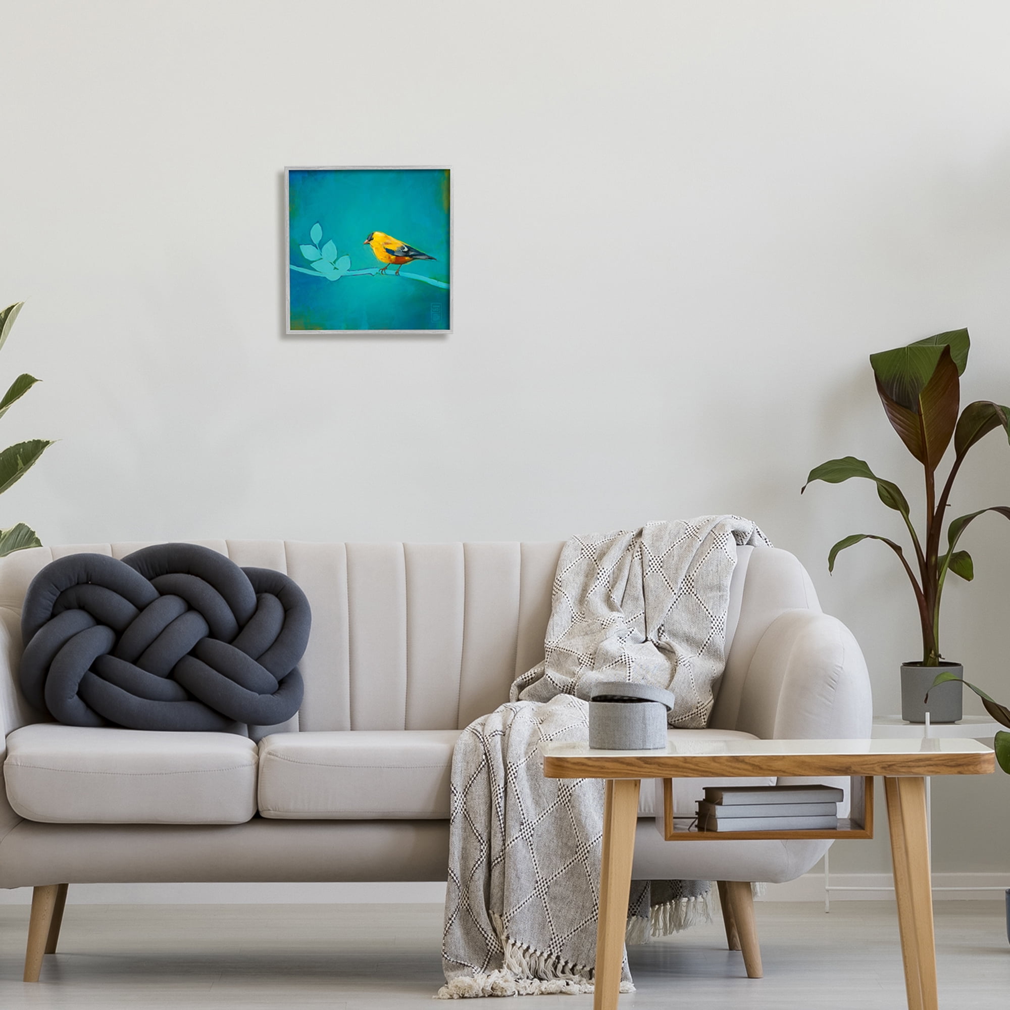 Stupell Industries Canary with Abstract Branch Animals & Insects Painting Gray Framed Art Print Wall Art, 12 x 12