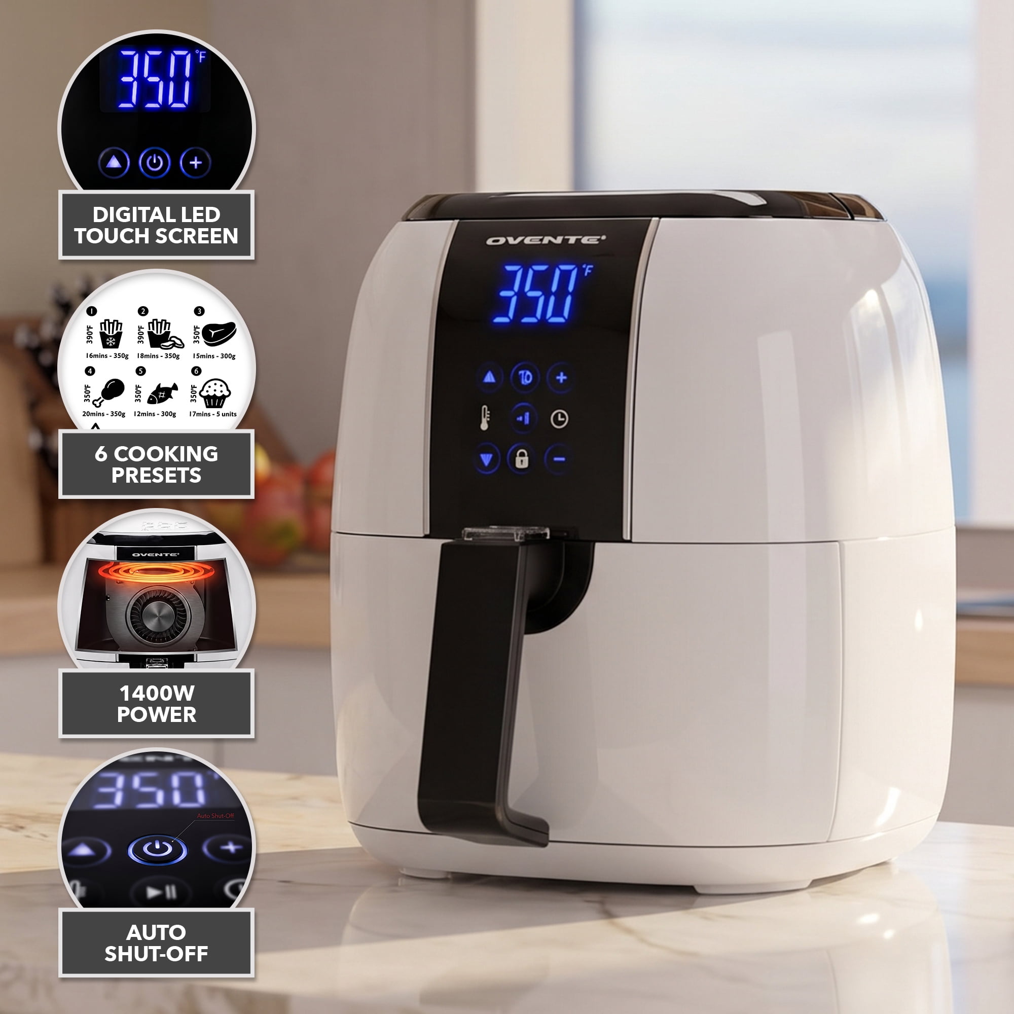 OVENTE 3.2 Qt Compact Digital Air Fryer, 1400W Power, White FAD61302W | Electric Hot Cooker, LED Touch Screen, Auto Shutoff, Dishwasher Safe Nonstick Basket, Perfect for Healthy Food