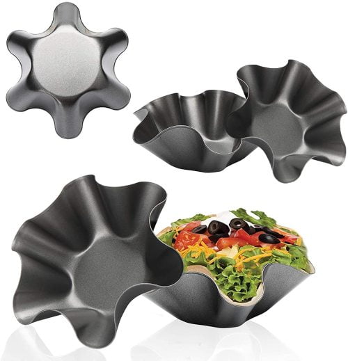 Set of 4 Tostada Bakers Large Non-Stick Fluted Tortilla Shell Pans Taco Salad Bowl Makers Non-Stick Carbon Steel 