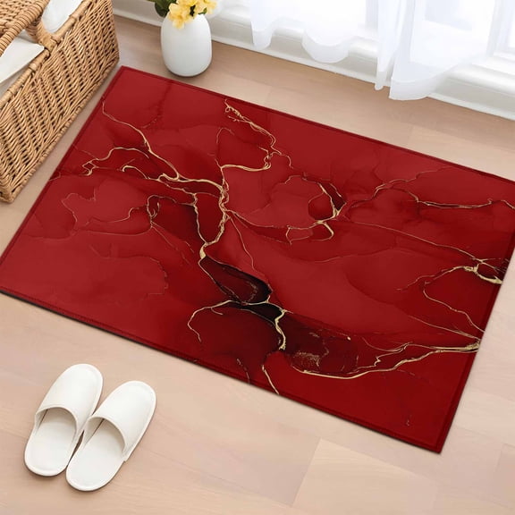 Red Marble Texture Bathroom Rug Washable 2x3 Entryway Rug Non Slip Vintage Minimalism Abstract Ombre Art Front Door Mat Low Pile Indoor Doormat Throw Floor Carpet for Kitchen Bedroom Entrance