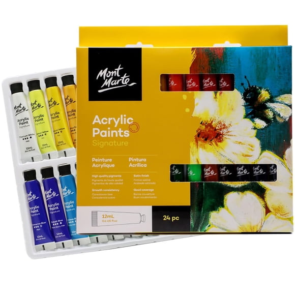 Mont Marte Acrylic Paint 24 Colours x 12ml Tubes, Semi-Gloss Finish, Suitable for a Variety of Painting Styles