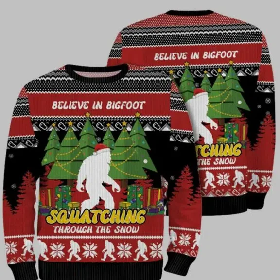 Believe In Bigfoot Squatching Through The Snow 3D Christmas Sweater