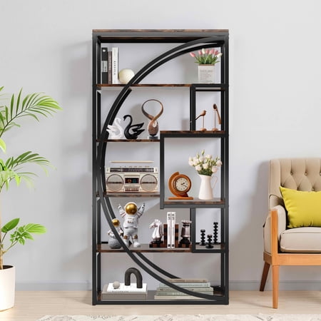 MAYEERTY 70.8 Inch Tall Modern Geometric Bookcase, 5-Tier Etagere with 8 Open Storage Shelves, Gray Wood & Black Metal Frame Display Rack for Living Room Bedroom Home Office