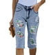 thumbnail image 2 of ABPHQTO Pantalones cortos de mezclilla de cintura alta deshilachados con parches de plantas tropicales azul cielo para mujer, 2 of 5