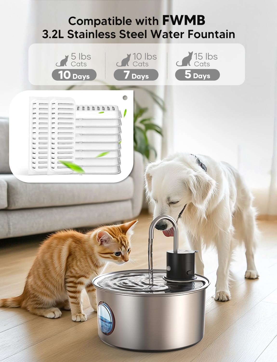 AGEETXT Cat Water Fountain Filters, Replacement Filters for 108oz/3.2L Cat Fountain,10 Packs Filters & 2 Sponges Set for Stainless Steel Pet Water Fountain