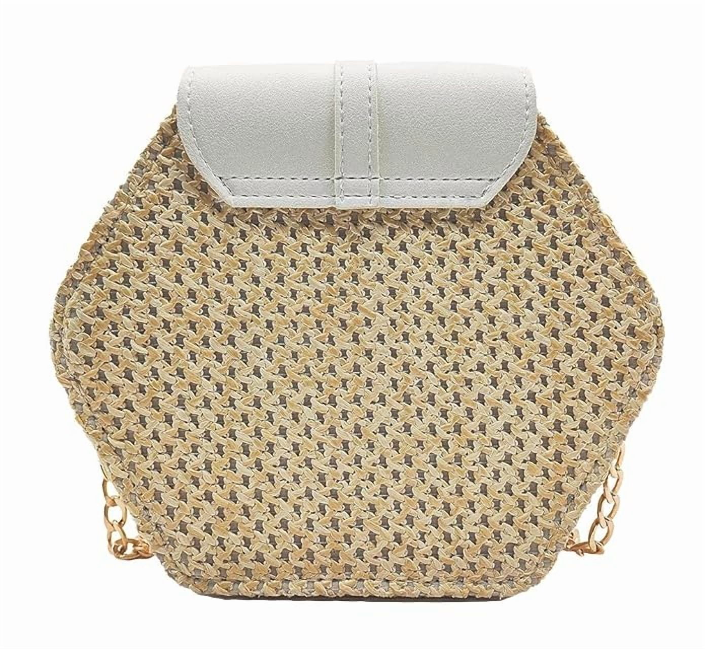 Swadeshi Desire Crossbody Straw Bags Hexagon Shape Shoulder Sling Bag Handbags with Tassel for Women Girl's(White)
