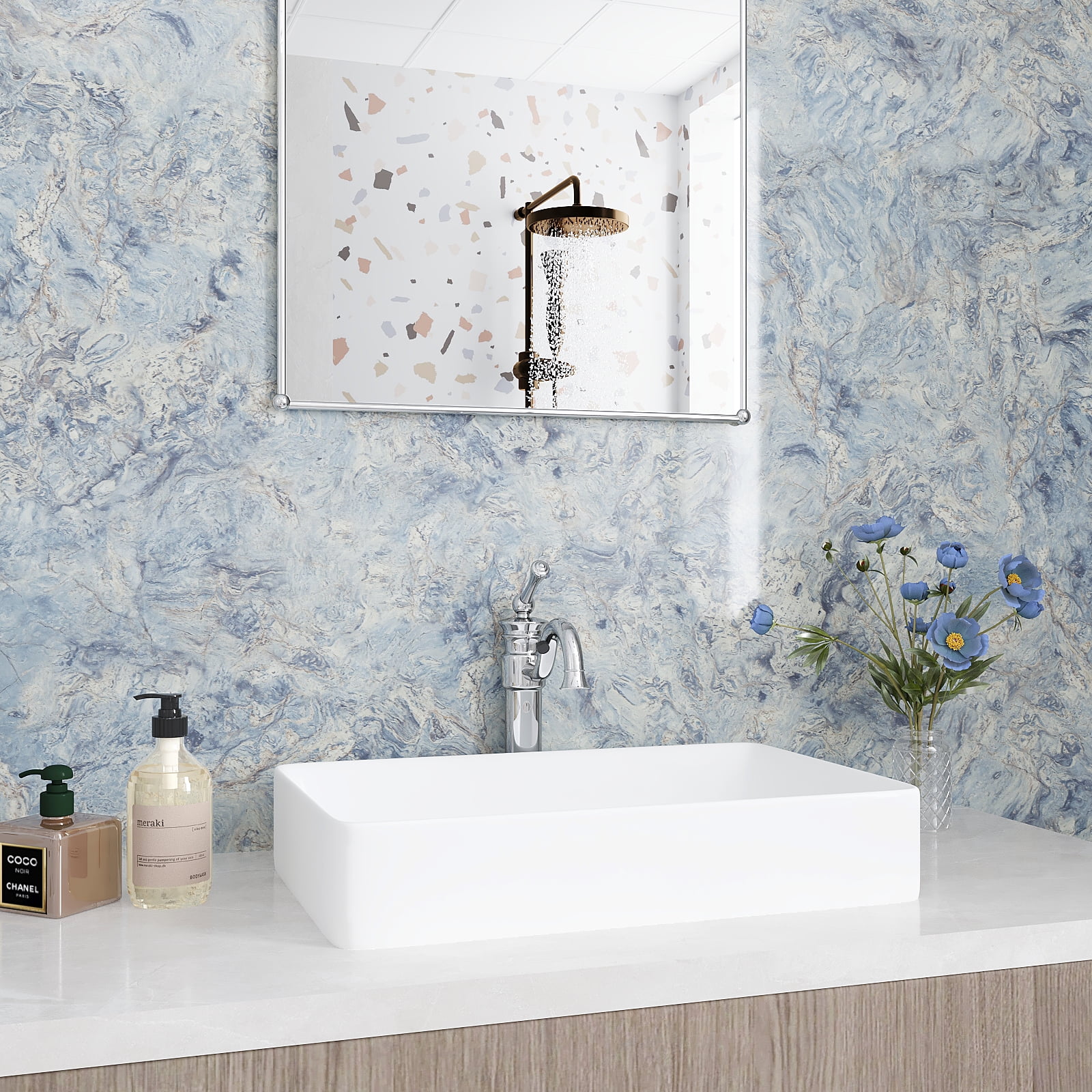 VEELIKE Glossy Cream Blue Marble Countertop Contact Paper Waterproof Kitchen Countertop Peel and Stick Granite Contact Paper for Countertops 15.7''x354'' Removable Marble Wallpaper for Walls Cabinets