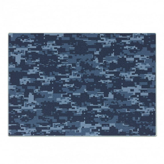 Camo Cutting Board, Retro Composition of Grunge Camouflage Pattern Print in Modern Blue Tones, Decorative Tempered Glass Cutting and Serving Board, Small Size, Pale Blue and Dark Blue, by Ambesonne