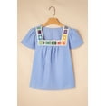 thumbnail image 6 of Women's Sky Blue Stripe Textured Ruffle Short Sleeve Boho Blouse | [ZhiHiMeRi] | (US 12-14)L, 6 of 12