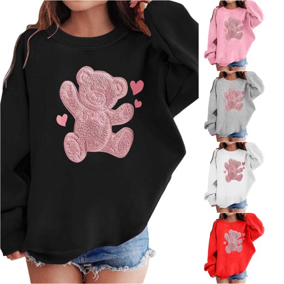 Byoo Toddler Girl's Cute Crewneck Sweatshirt Long Sleeve Teddy Bear Print Pullover Daily Casual Top,Black