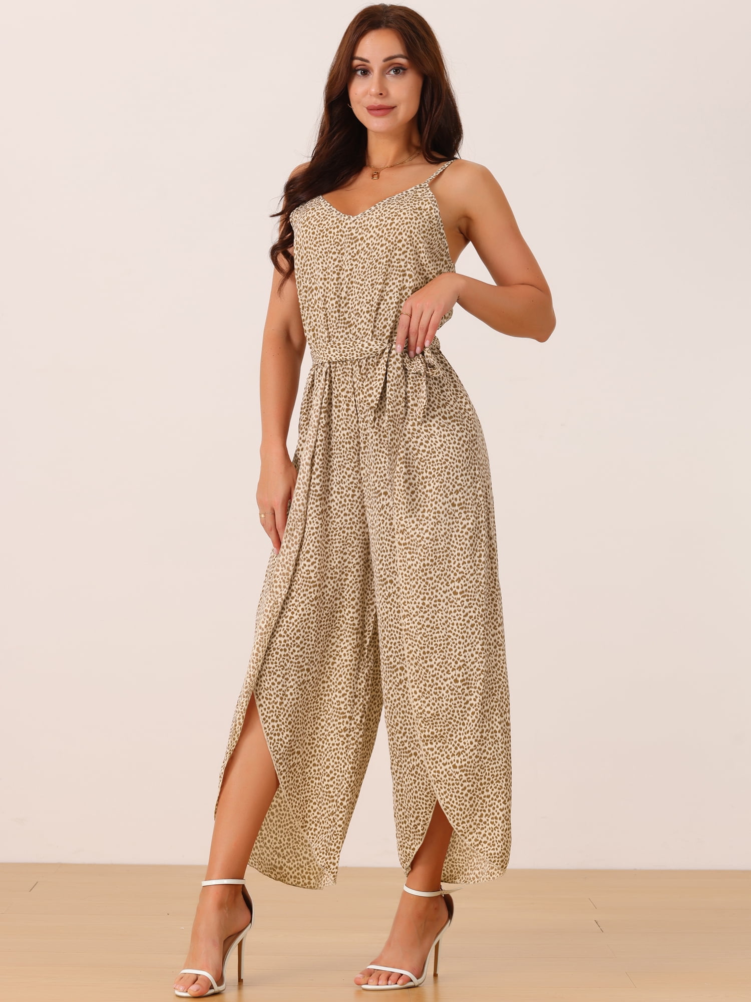 DARING DIVA Women's Summer Spaghetti Straps Sleeveless V Neck Jumpsuit L Brown