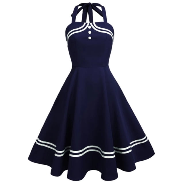 HKEJIAOI Dégagement d'Épargne Robes Décontractées pour Femmes Cadeau de Noël Femmes Licou à Rayures Balançoire Robe Sans Manches Col Rond Robe Bleu Foncé