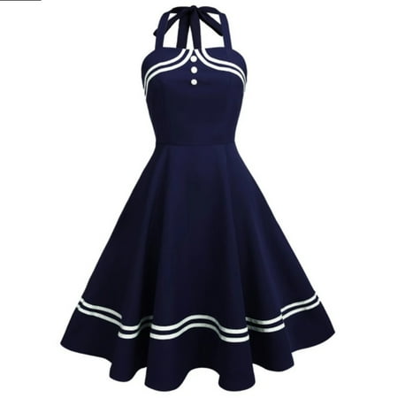 Lilgiuy Women Stripe Halter Neck Swing Dress Sleeveless Round Neck Dress Fall Dresses for 2022 Spring Winter