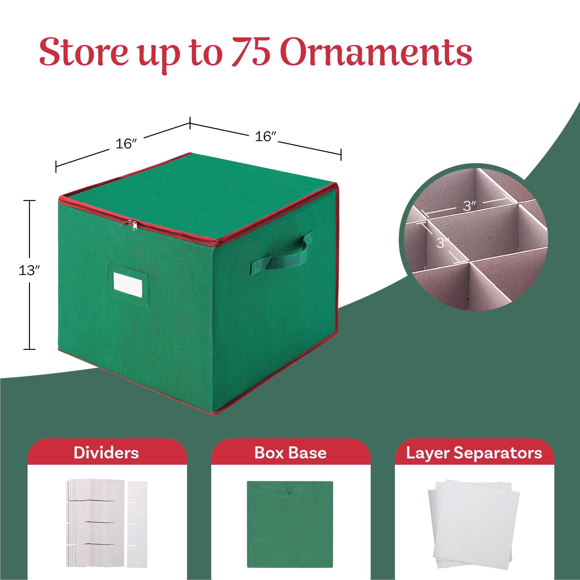 Tiny Tim Totes 75-Compartment Ornament Storage Box with Dividers (Green/Polyester/Adult)