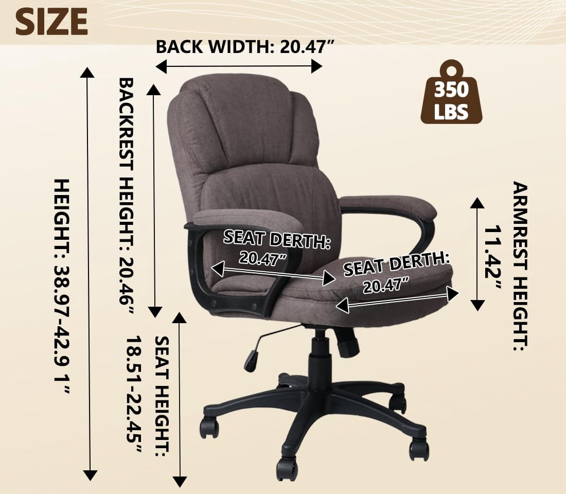 CLATINA Brown Ergonomic Cloth Office Chair Fabric with Arms and Wheels, Upholstered Swivel Rolling Adjustable Height Thicked Padding Home Desk Chairs Mid Back, 350 LBS