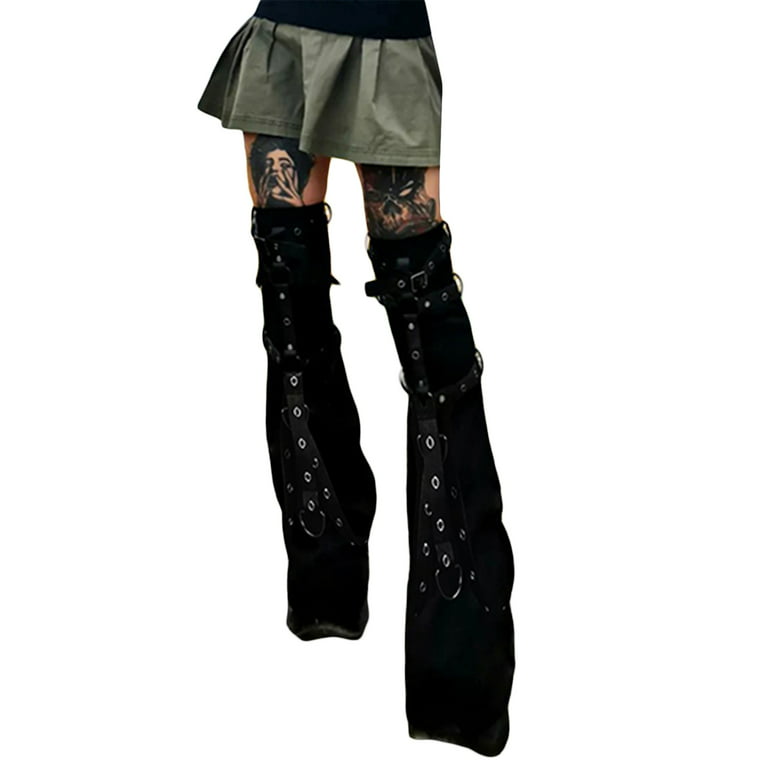 Punk Style Ankle Leg Warmer Black Metal Buckle Leg Warmers Knitted