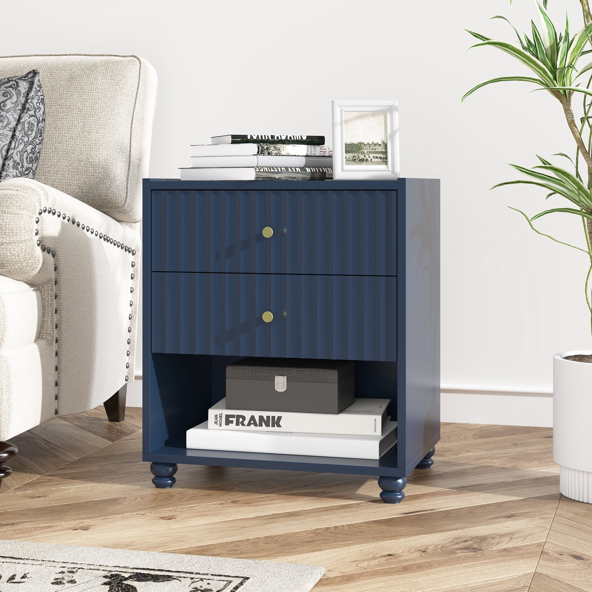 ZOSQUARE Modern Nightstand, Blue Fluted Bedside Table with 2 Drawers and Open Shelf, End Tables with Gold Knobs for Bedroom, Living Room