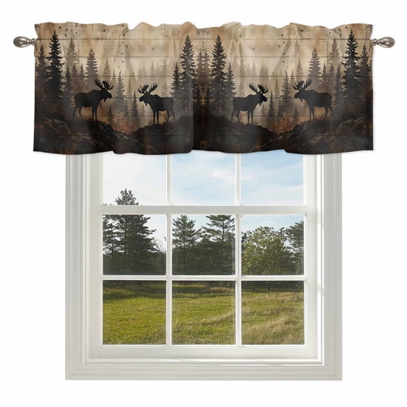 Nature Landscape Valances for Windows, 42x12in, Rustic Moose Forest Pine Silhouettes Wildlife Rod Pocket Kitchen Valance Curtain Light Filtering Window Treatments for Living Room Bedroom