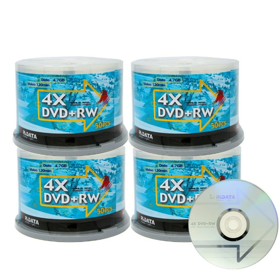 200 Pack Ridata DVD RW 4X 4.7GB Silver Logo Rewritable DVD Plus RW Re-writable Blank Recordable Media Disc