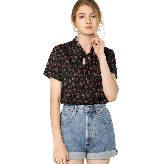 Unique Bargains Blouse Imprimée à Manches Courtes avec Nœud au Cou pour Femmes