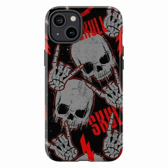 Skull Rock Hand Sign Halloween Phone Case for iPhone 16 15 14 13 12 11 Pro Plus Mini, Edgy Red & Black Skeleton Design, Dual Layer Protective Cover, Gift for Rock Fans