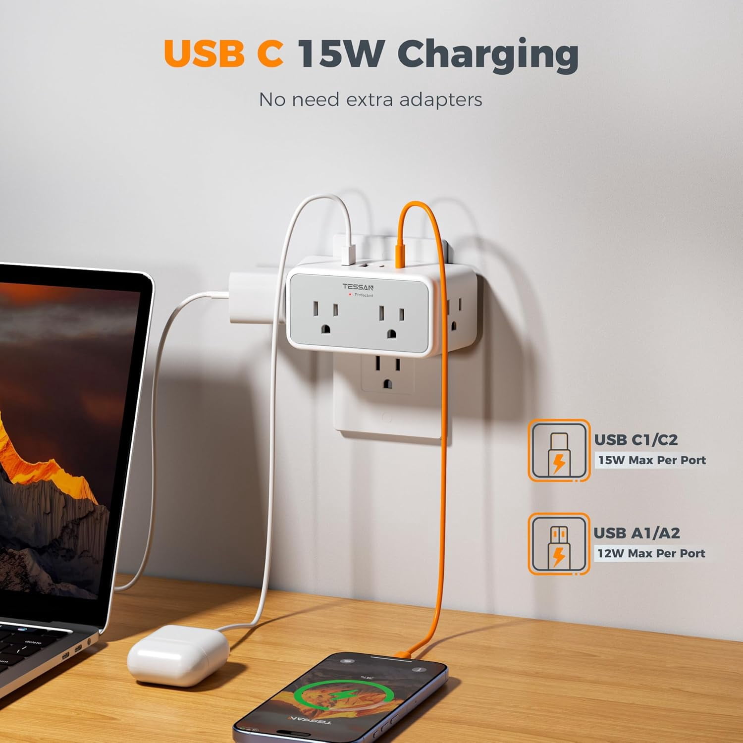Multi Plug Outlet Extender, Surge Protector 4 Outlet Splitter with 4 USB Ports (2 USB C), 3 Side Multiple Wall Plug Expander for Home Office Kitchen Dorm Room Essentials