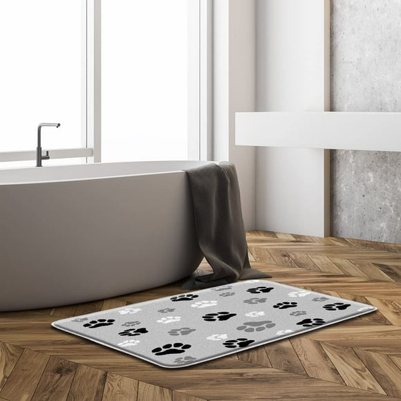 PawPrint Haven: Tapis de Bain en Mousse à Mémoire de Forme Ultra-Doux pour les Amoureux des Animaux - Absorbant, Design Griffe d'Animal Mignon en Noir, Gris et Blanc - Parfait pour la Décoration de Salle de Bain Moderne, 17.8x29.5