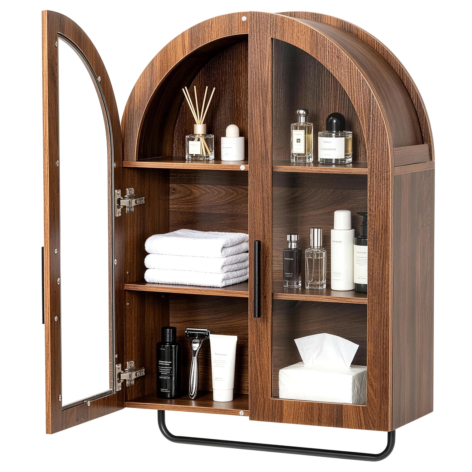 Arched Ceiling 2 Glass Doors 3 Shelves Bathroom Vanity MDF Melamine-Faced Bathroom Vanity with Towel Bar, Walnut 23.62*9.45*31.5in