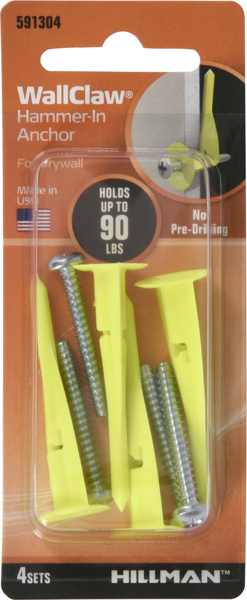 Hillman Wall Claw HammerIn Drywall Anchors with Screws 4 Pieces