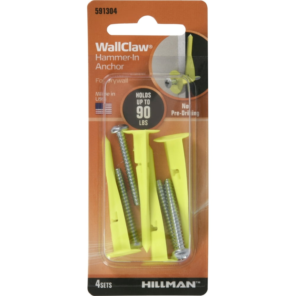 Hillman Wall Claw HammerIn Drywall Anchors with Screws 4 Pieces