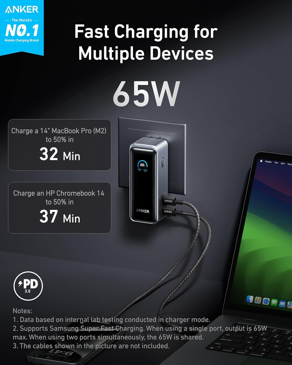 Anker Prime Power Bank, 9,600mAh Battery Pack with 65W Output, Built-in AC Plug, Supports PD 3.0 and PPS, 30W Fast Recharging, Sleek Portable Charger