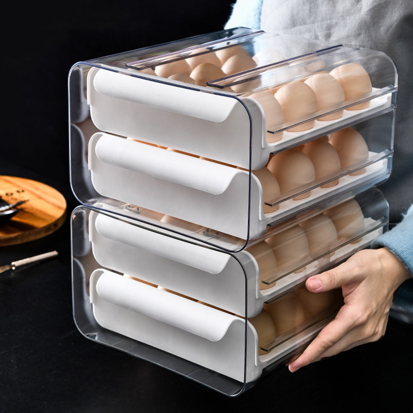Deeceymbur Stackable Eggs Holder for Fridge Refrigerator Eggs Storage Drawer-Type Eggs Storage Box Eggs Organizer Kitchen Thickened Large-Capacity Eggs Tray