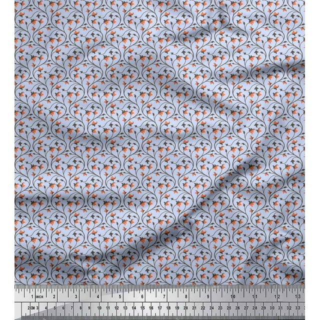 Soimoi Blue polyester Crepe Fabric Artistic Leaf & Floral Print Fabric by the Yard 42 Inch Wide