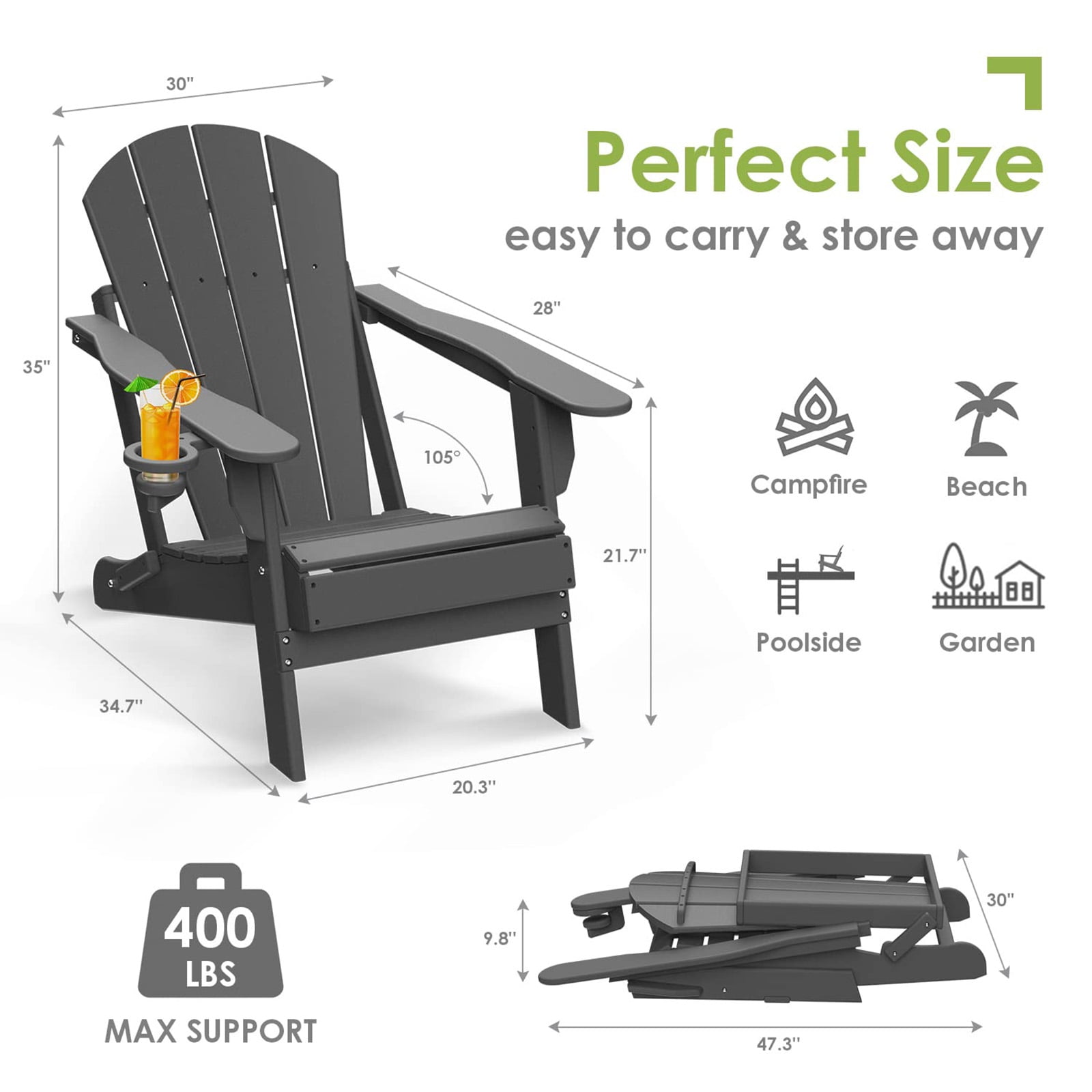 Tappio Foldable HDPE Adirondack Chair, Patio Seat All Weather Outdoor Patio Chair with Cup Holder for Lawn Yard Fire Pit, Wooden Textured, Gray