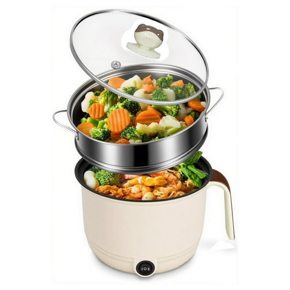 300W Electric Hot Pot with Steamer, 1.8L Portable Electric Cooking Pot, 2 Gear Mini Hot Pot, Travel Cooker, Non-Stick Pan Skillet Pot, Ramen Cooker Lazy Pot for Dorm, Families, Apartments, Hotel