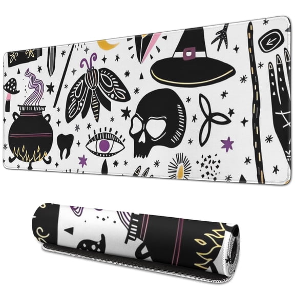 Long Mouse Pads for Desk,Black Halloween Witchcraft Elements Desk Mats on Top Of Desks, Desk Mouse Pad Extra Large with 3mm Non-Slip Base and Stitched Edge for Gaming,Office,Work,Home 31.5"x11.8"