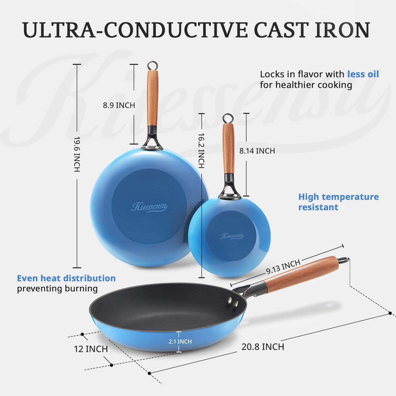 KITESSENSU Enameled Cast Iron Skillet Set of 3 (8/10/12 Inch), Titanium Nonstick Frying Pans with Cool Wooden Handle, Compatible with All Stovetops, Gradual Cobalt Blue