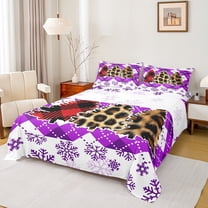 Manfei Leopard Print Xmas Tree Bed Sheets, Purple Snowflakes King Sheets for Kids, Merry Christmas Sheet Set, Lightweight Room Decor 4pcs