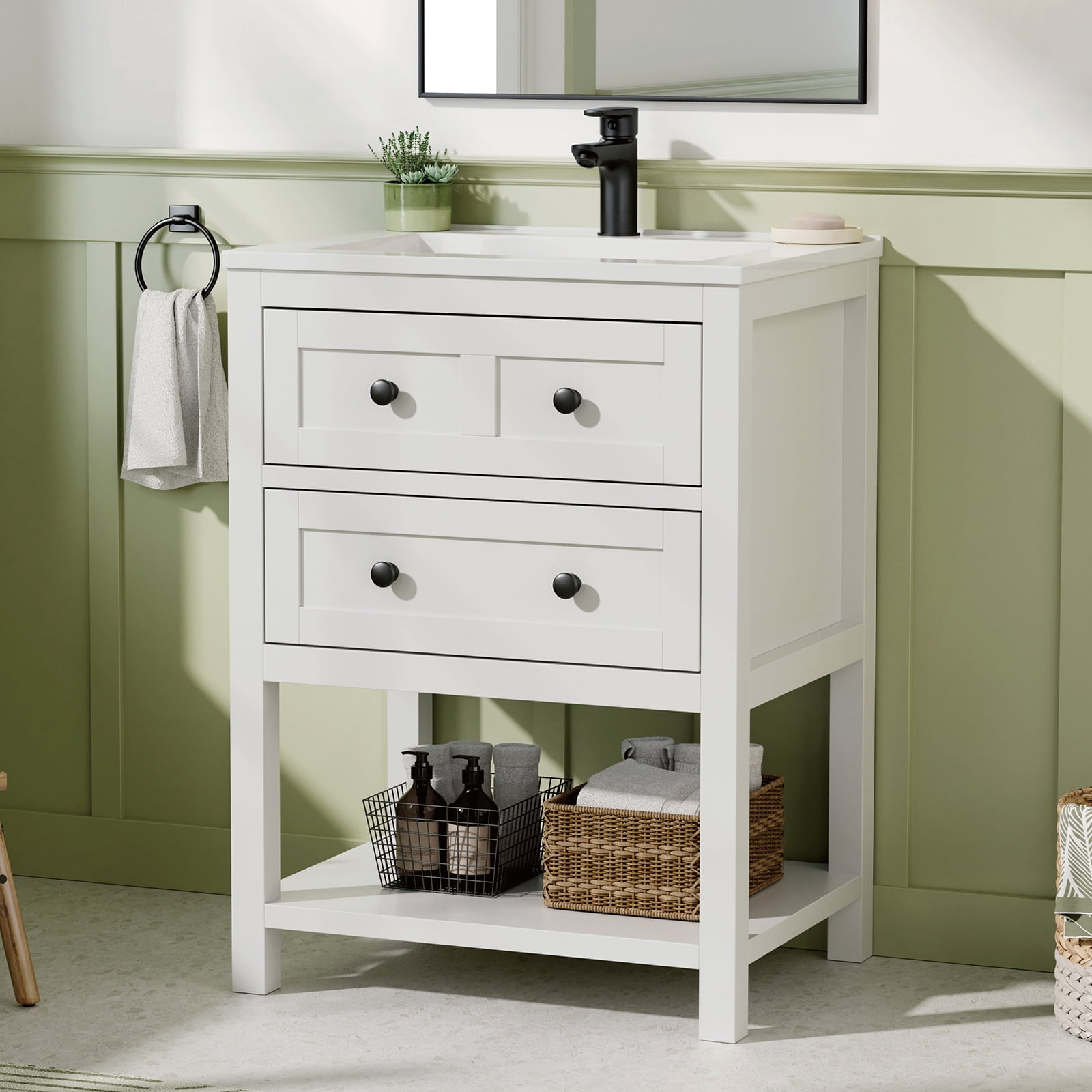 DELUXE LIVING 24" Bathroom Vanities with Sink Top, Adjustable Feet & Soft Closing Drawers, White