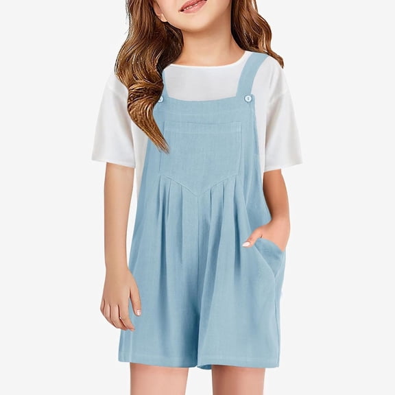 Ticikt Girls' Solid Color Short Overalls, Sleeveless Suspender Romper with Pockets,Light Blue