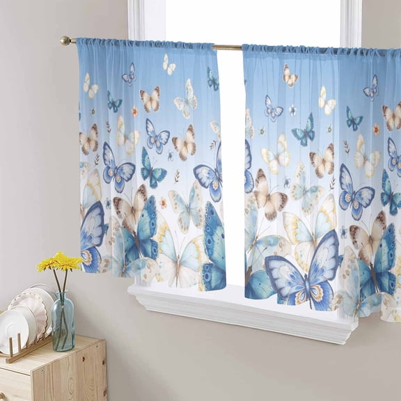 Blue Ombre Butterfly Semi Sheer Curtains 45 Inch Length 2 Panels Set, Pastoral Farmhouse Butterflies Sheer Kitchen Curtain Privacy Voile Window Curtain for Living Room Bedroom Rod Pocket Drapes