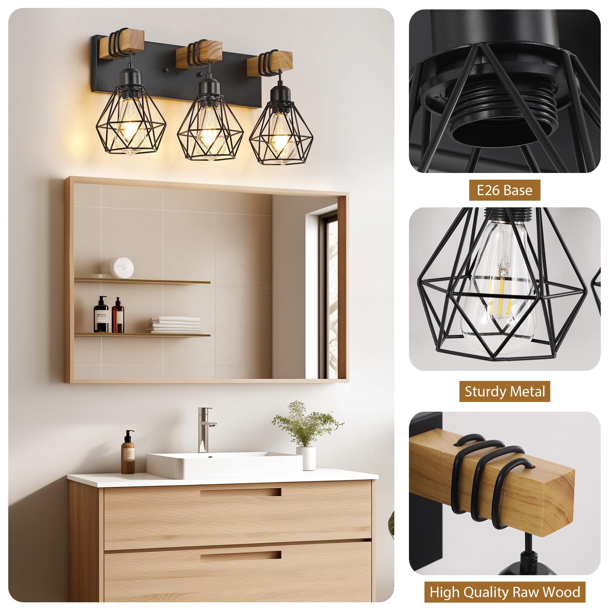 Black 3-Light Vanity Light Wood Metal Wall Fixture For Bathroom Bedroom Living Room Hallway