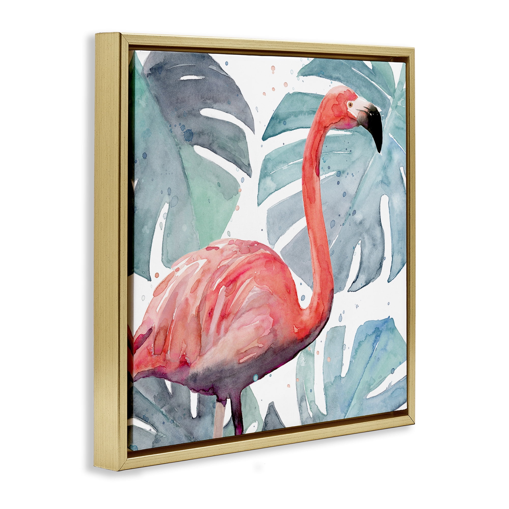Stupell Industries Flamingo over Tropical Greenery Animals & Insects Painting Gold Floater Framed Canvas Art Print Wall Art, 18 x 18
