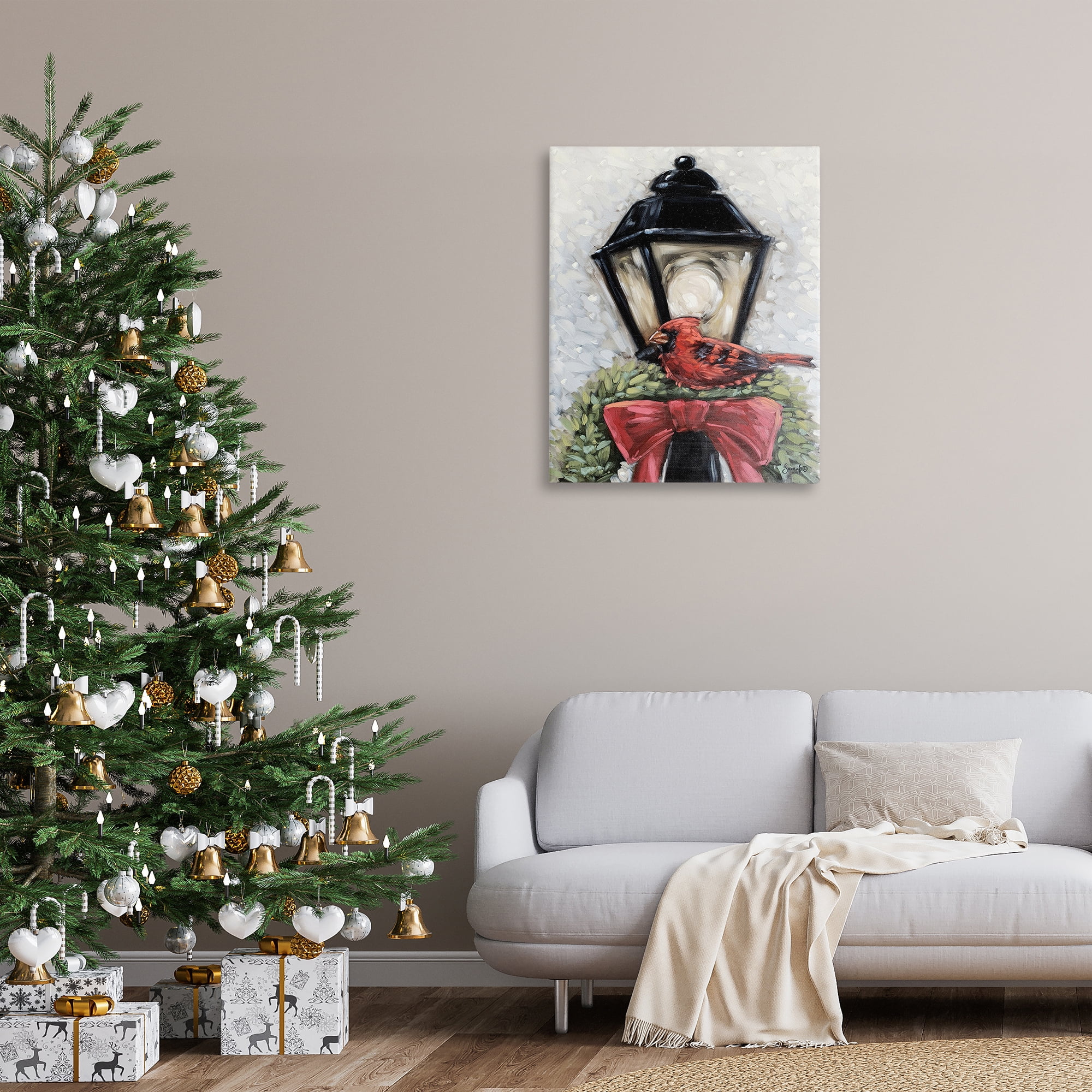 Stupell Industries Cardinal & Holiday Lamp Holiday Painting Gallery Wrapped Canvas Art Print Wall Art, 30 x 40