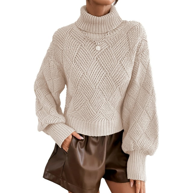 Suéter Textura de punto de celosía Cuello alto Mangas de linterna Dobladillo suelto Jersey liso para otoño Primavera Invierno Blanco L