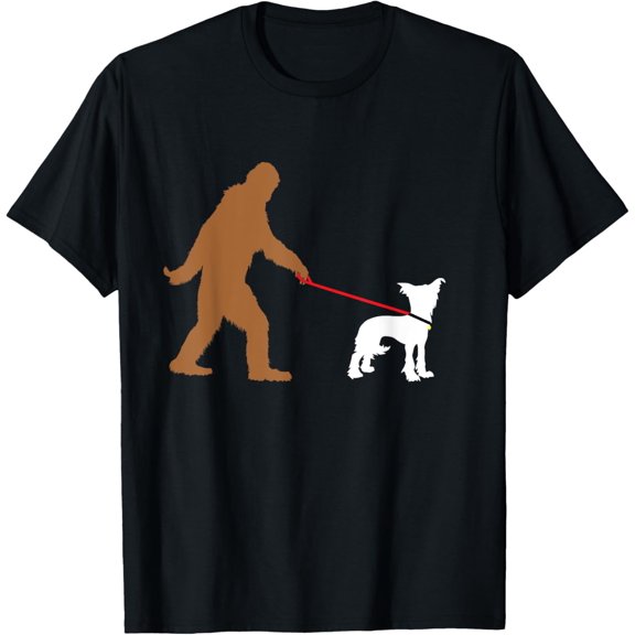 Bigfoot Walking Chinese Crested Dog Sasquatch T-Shirt T-Shirt men and women can wear, black, white, gifts